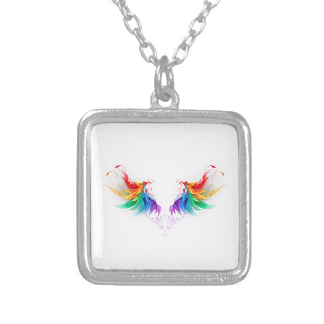 Fluffy Rainbow Wings Silver Plated Necklace (Front)