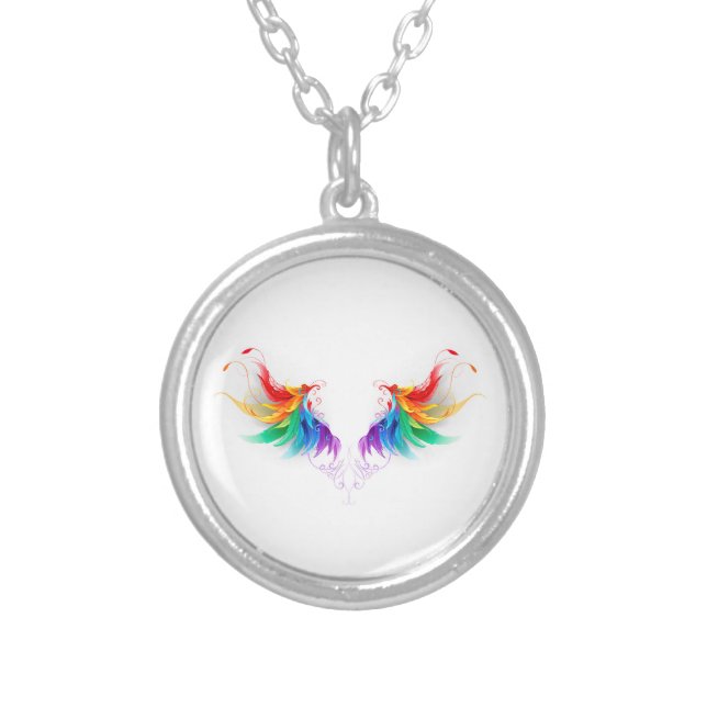 Fluffy Rainbow Wings Silver Plated Necklace (Front)