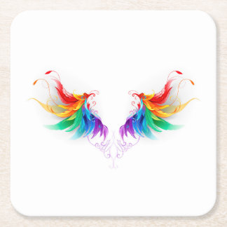 Fluffy Rainbow Wings Square Paper Coaster