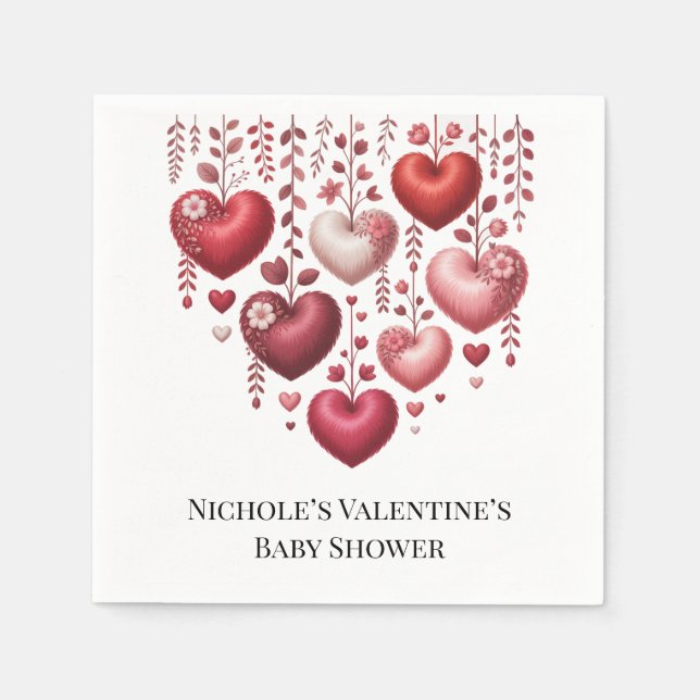 Fluffy Red Floral Heart Baby Shower Napkins (Front)