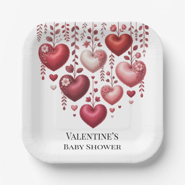 Fluffy Red Floral Heart Baby Shower Paper Plates (Front)