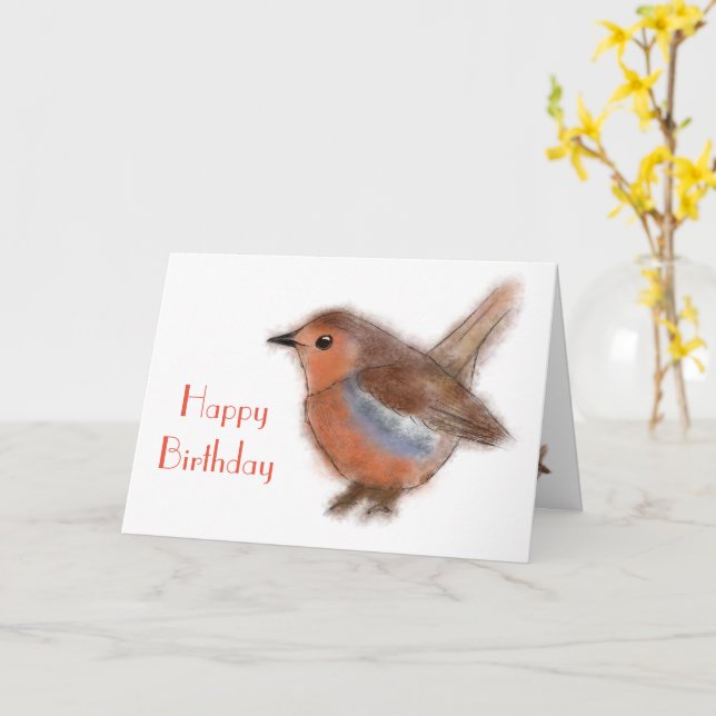 Fluffy Robin Birthday  Card (Yellow Flower)