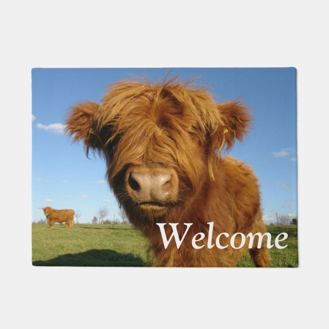 Fluffy Scottish Highland Cow - Blue Sky Doormat (Front)
