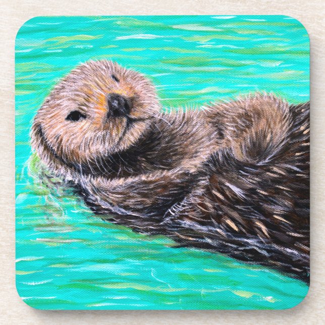 Fluffy Sea Otter Painting Beverage Coaster (Front)