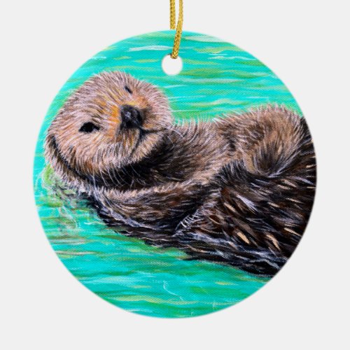 Fluffy Sea Otter Painting Ceramic Ornament