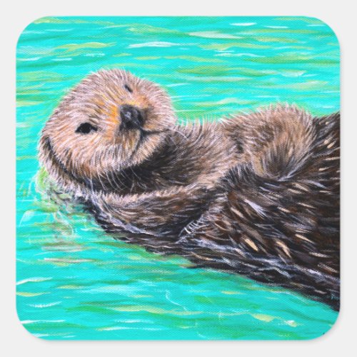 Fluffy Sea Otter Painting Square Sticker