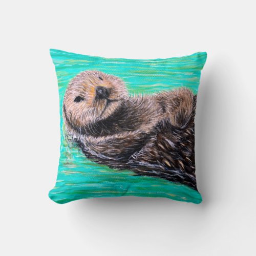 Fluffy Sea Otter Painting Throw Pillow