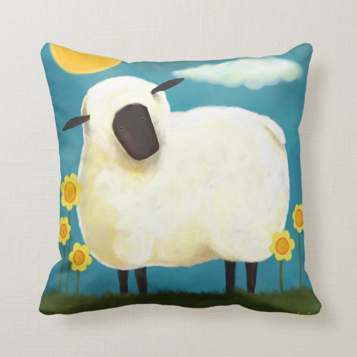 Fluffy Sheep and Yellow Flowers Throw Pillow