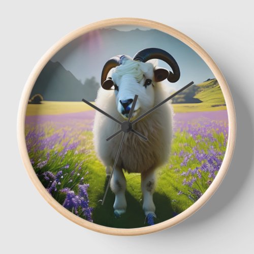 Fluffy Sheep field of purple flowers  Clock