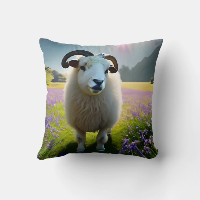 Fluffy Sheep field of purple flowers  Throw Pillow (Back)