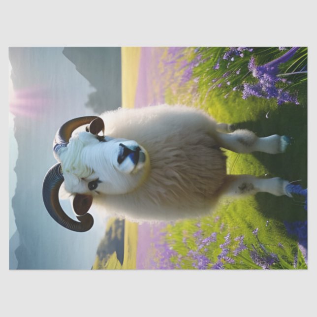 Fluffy Sheep field of purple flowers  Tissue Paper (Front)