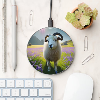 Fluffy Sheep field of purple flowers Wireless Charger