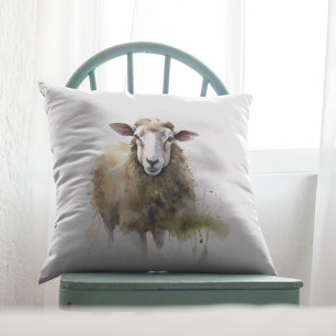 Fluffy Sheep in Pasture Throw Pillow