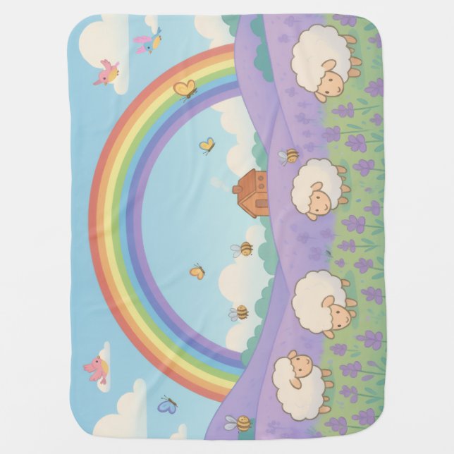 Fluffy Sheep Lavender Field Rainbow Art Baby Blanket (Front)