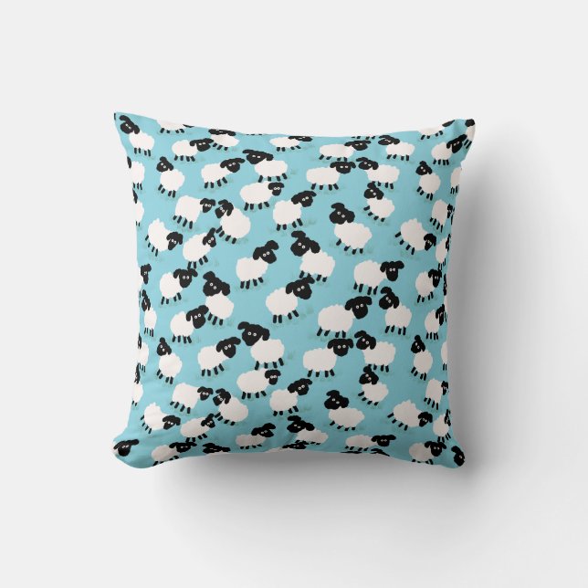 Fluffy Sheep on Baby Blue Throw Pillow (Front)