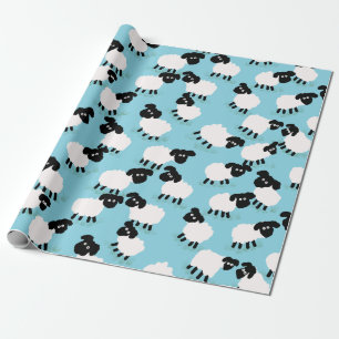 Fluffy Sheep on Baby Blue Wrapping Paper