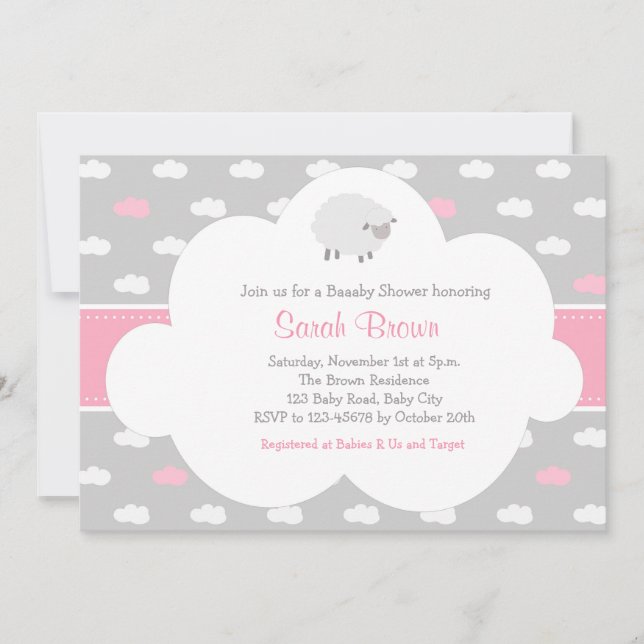 Fluffy Sheep with Cloud Invitation (Gray Pink) (Front)