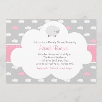 Fluffy Sheep With Cloud Invitation (gray Pink) by CallaChic at Zazzle