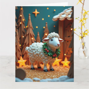 Fluffy Sheep with Wreath in Snowy Christmas Scene Card