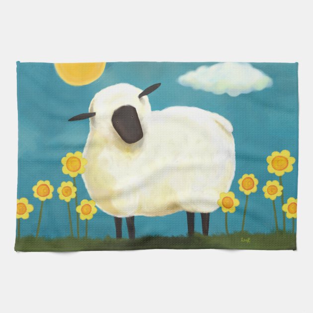 Fluffy Sheep & Yellow Flowers Tea Towel | Zazzle