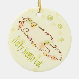 Fluffy Sleepy Cat Ceramic Ornament