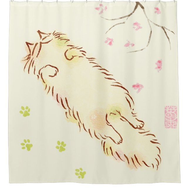 Fluffy Sleepy Cat Plum blossom Shower Curtain (Front)