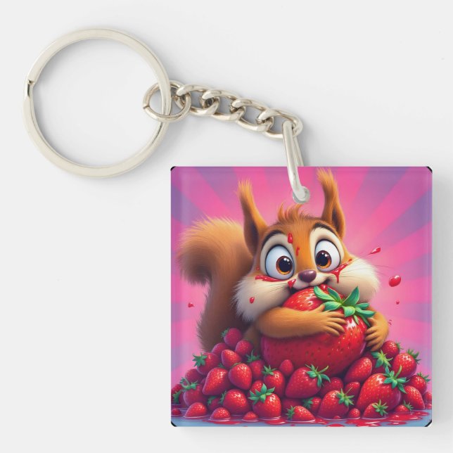 Fluffy Squirrel “Crazy for Strawberries”, funny  Keychain (Front)