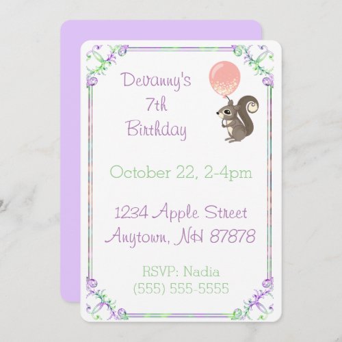 Fluffy Squirrel with Pink Balloon Birthday Invitation