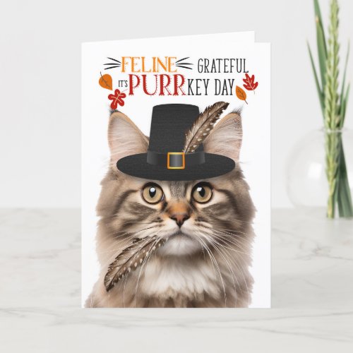 Fluffy Tabby Cat Feline Grateful for PURRkey Day Holiday Card