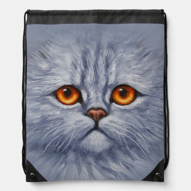 Fluffy Tabby Cat Kitten Face Light Gray Drawstring Bag (Front)