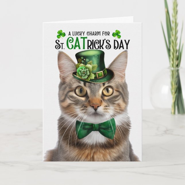 Fluffy Tabby Cat St CATrick's Day Lucky Charm Holiday Card (Front)