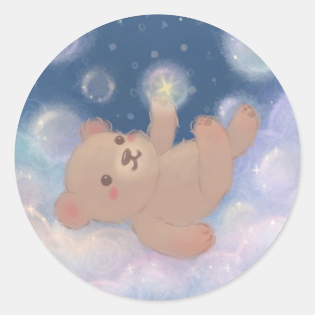 Fluffy Teddy Bear Floating on Clouds Classic Round Sticker (Front)