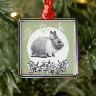 Fluffy the rabbit. Pencil drawing. Metal Ornament