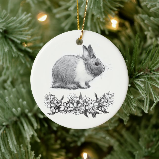 Fluffy the rabbit. Pencil drawing Monochrome Black Ceramic Ornament (Tree)