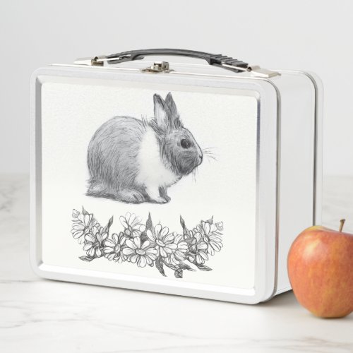 Fluffy the rabbit Pencil drawingMonochrome Black Metal Lunch Box