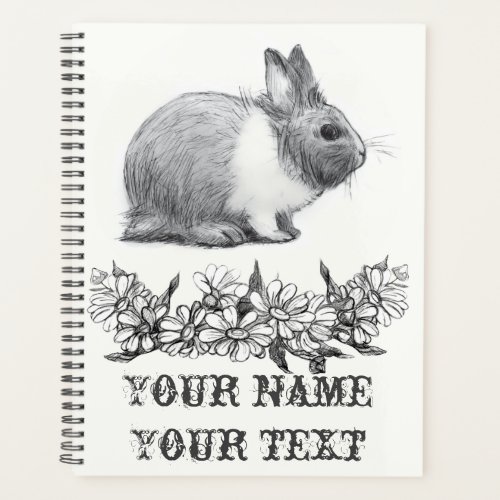 Fluffy the rabbit Pencil drawingMonochrome Black Planner