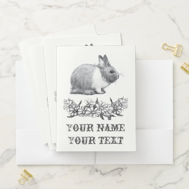 Fluffy the rabbit. Pencil drawing Monochrome Black Pocket Folder (In Situ)