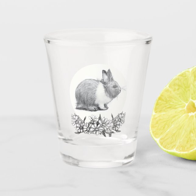 Fluffy the rabbit. Pencil drawing Monochrome Black Shot Glass (Front)