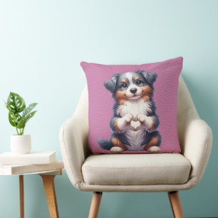 FLUFFY TRI-COLORED AUSTRALIAN SHEPHERD PUPPY THROW PILLOW