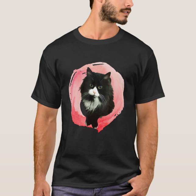 Fluffy Tuxedo Cat In Pink Fluff T-Shirt (Front)
