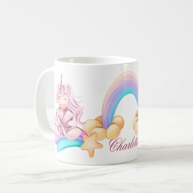 Fluffy unicorn magical rainbow personalized name coffee mug (Front Left)