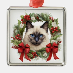 FLUFFY WATERCOLOR HOLIDAY CHRISTMAS SIAMESE CAT METAL ORNAMENT