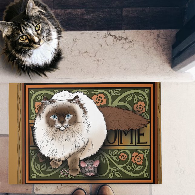 Fluffy Welcome Siamese Cat Mouse Vintage Doormat (Creator Uploaded)