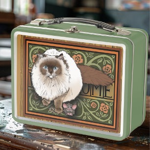 Fluffy Welcome Siamese Cat Mouse Vintage Metal Lunch Box
