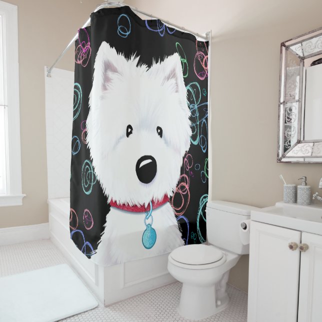 Fluffy Westie Colors Black Shower Curtain (In Situ)