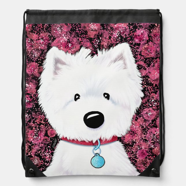 Fluffy Westie Floral Impressions  Drawstring Bag (Front)