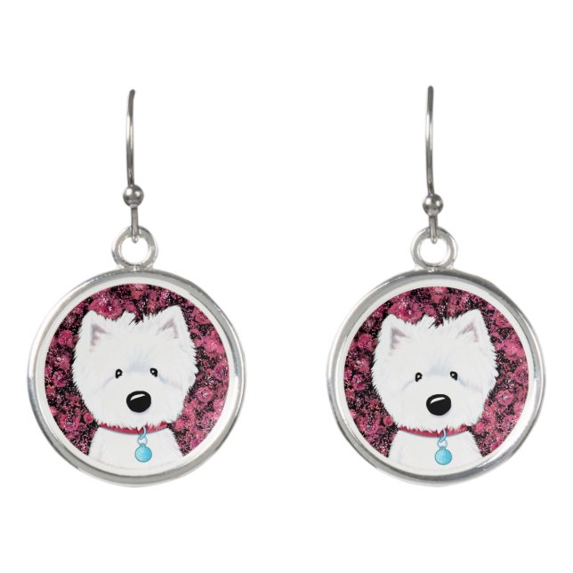 Fluffy Westie Impressions Floral Earrings (Front)