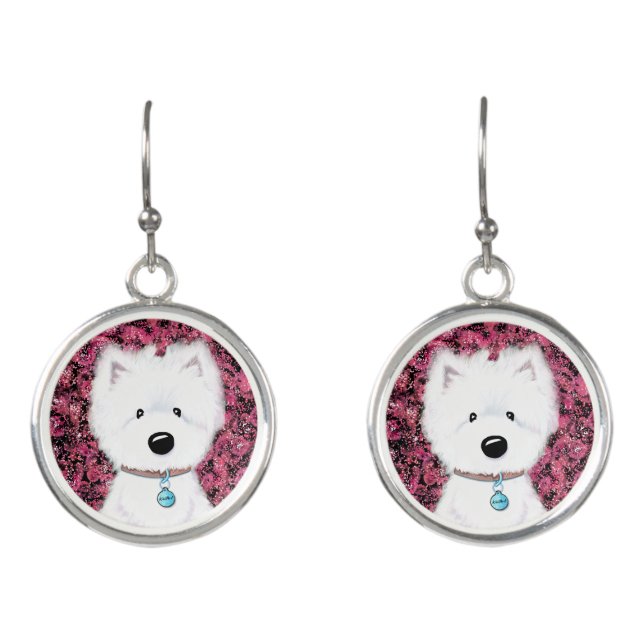 Fluffy Westie Roses Earrings (Front)