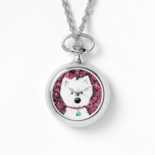 Fluffy Westie Roses Necklace Watch