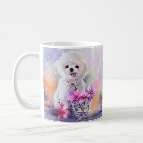 Fluffy white bichon puppy and flowers in a vase	 coffee mug